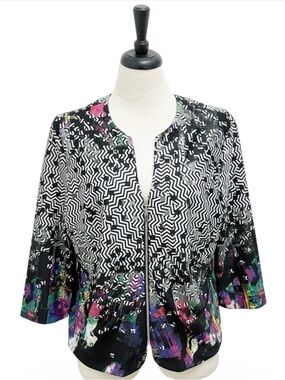 Joseph Ribkoff black off white geometric zip v  neck 3/4 sleeve short jacket 20